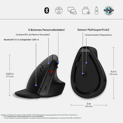 HP 920 - Ratón ergonómico vertical inalámbrico Bluetooth 5.3 y dong...