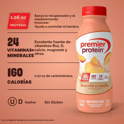 Premier Protein Batido alto en proteínas, melocotones y crema, 12 u...