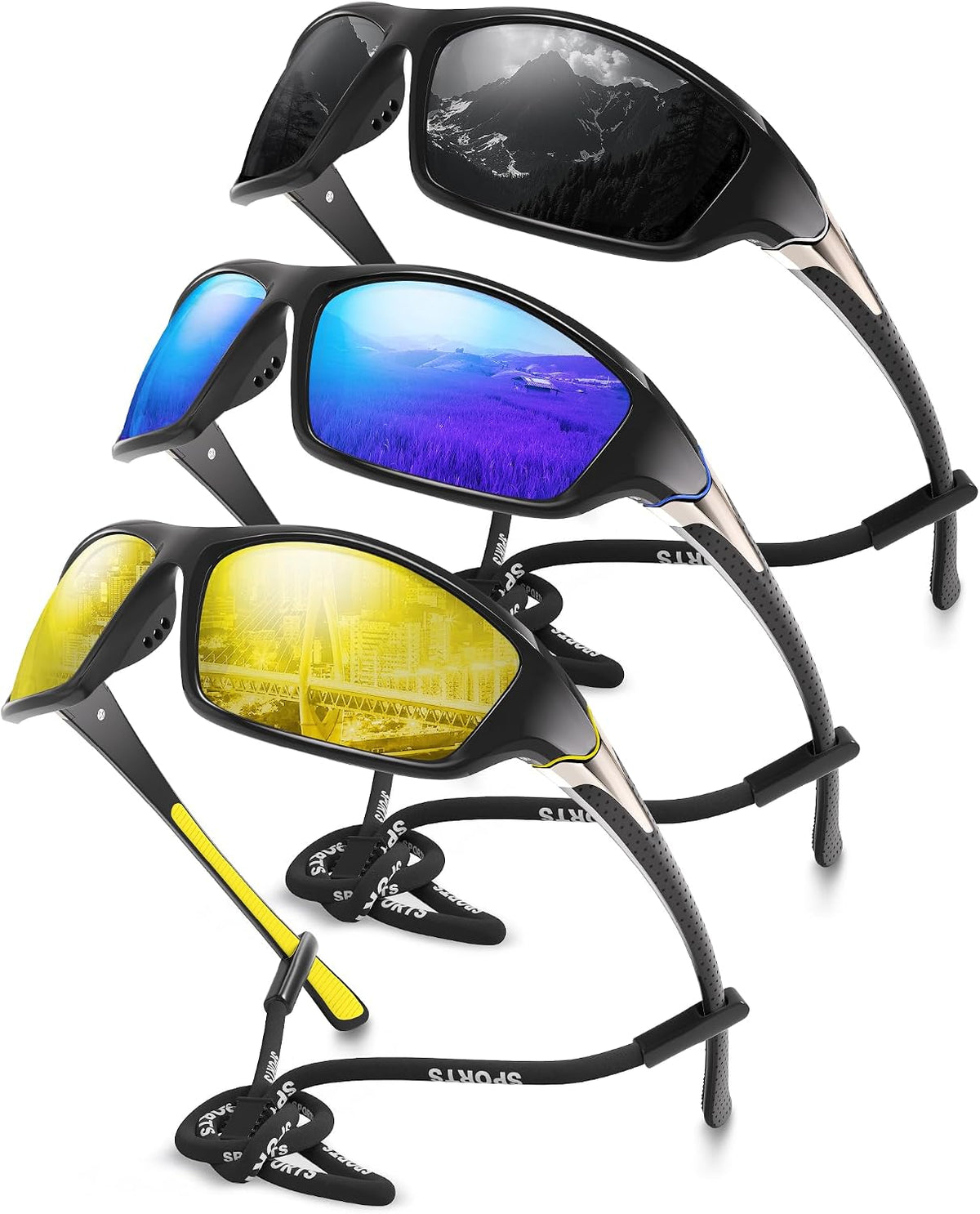 Foliful Paquete de 3 lentes de sol deportivos polarizados para homb...