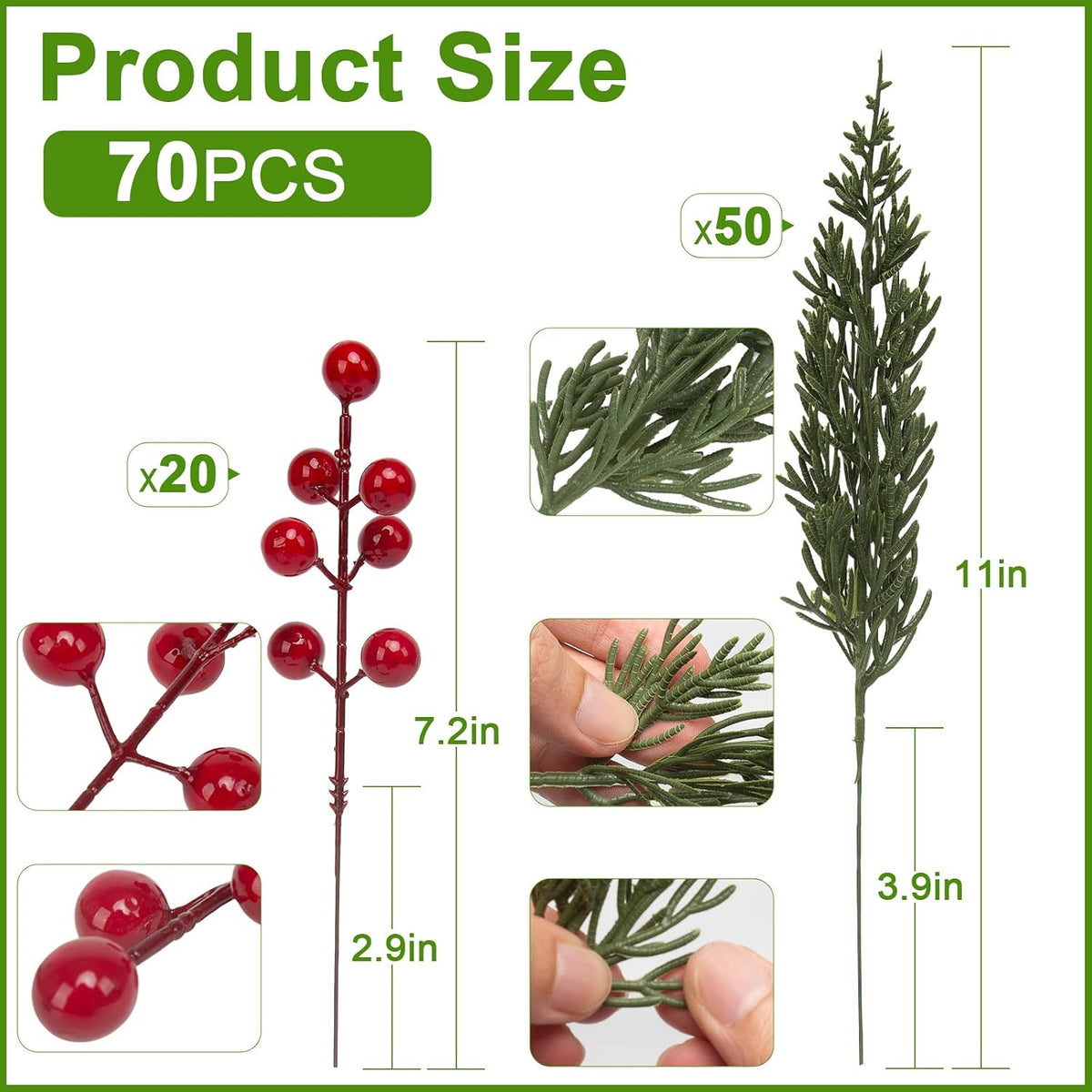 lovemoon 70 tallos de pino artificiales de Navidad con bayas rojas,...