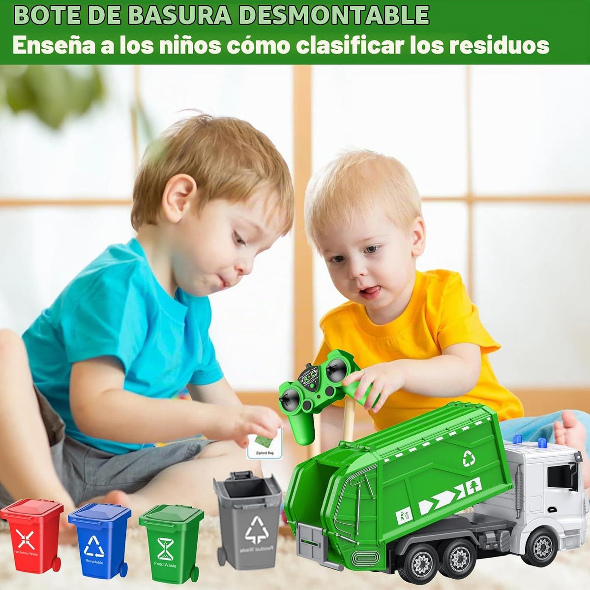CALEST Camión de basura RC de 2.4Ghz con 4 cubos de basura, control...