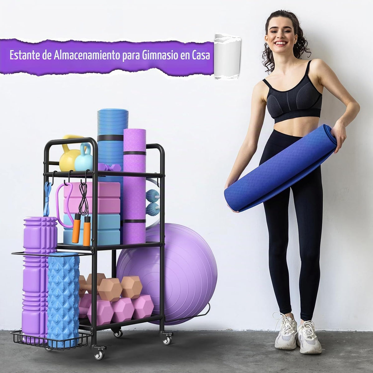 Estante de almacenamiento para gimnasio en casa, organizador de alm...