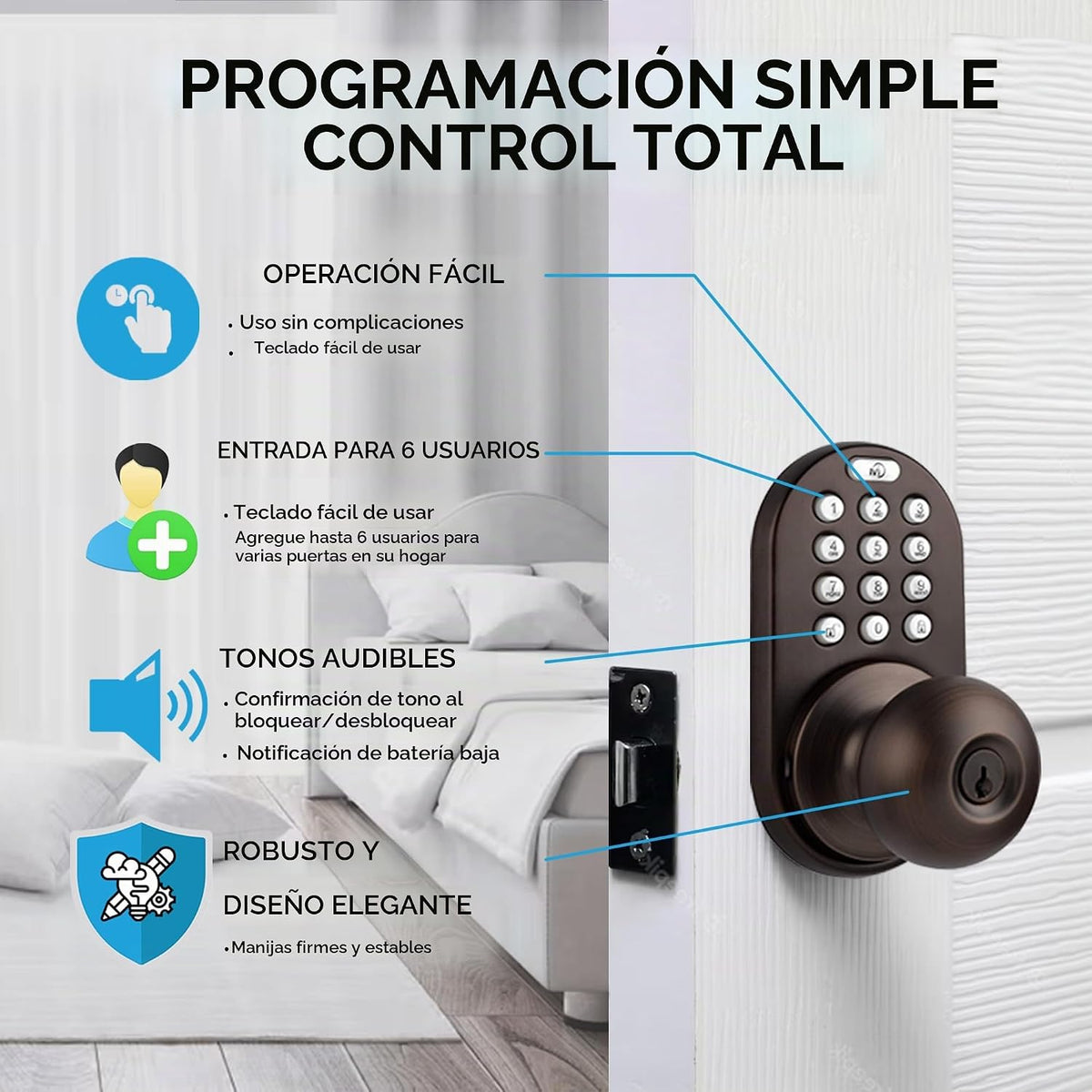 MiLocks TKK-02OB - Pomo de puerta digital con teclado, cerradura de...