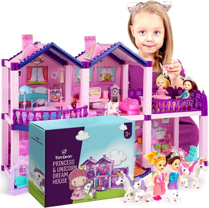 Casa de muñecas con 4 princesas, 4 unicornios, perro, muebles y acc...