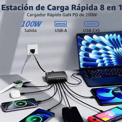 Bloque de cargador USB C, 200 W, GaN 8 puertos, estación de carga U...