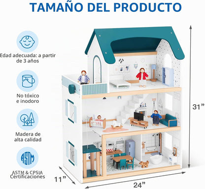 OOOK Casa de muñecas de madera con elevador elevable, 2.6 pies de a...