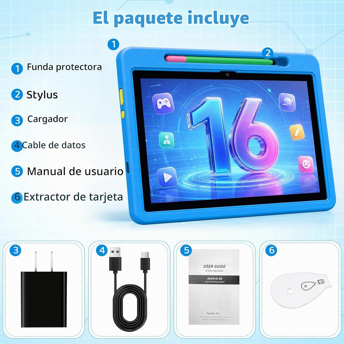 Tableta para niños Android 16 HD de 10 pulgadas con lápiz óptico y...
