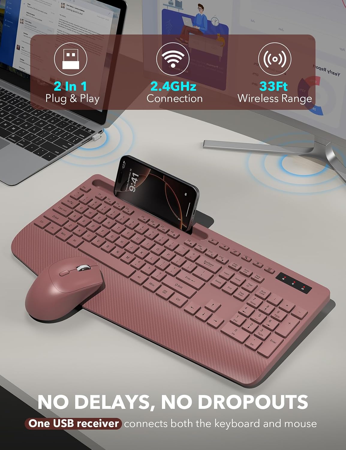 Combo de teclado y mouse inalámbricos: reposamuñecas ergonómico y d...