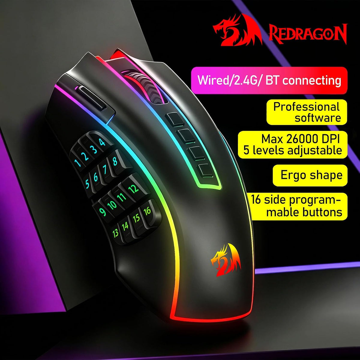 Redragon M990 PRO Wireless MMO RGB Gaming Mouse 26000 DPI Teclas de...