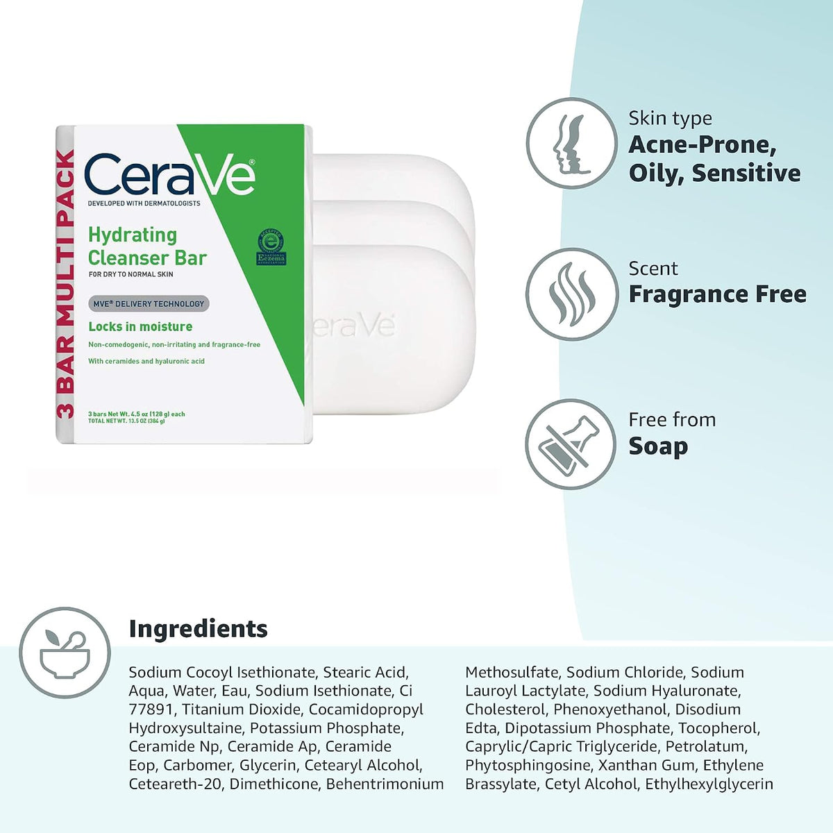 Barra de Limpieza Hidratante CeraVe, Limpiador Corporal y Facial Si...