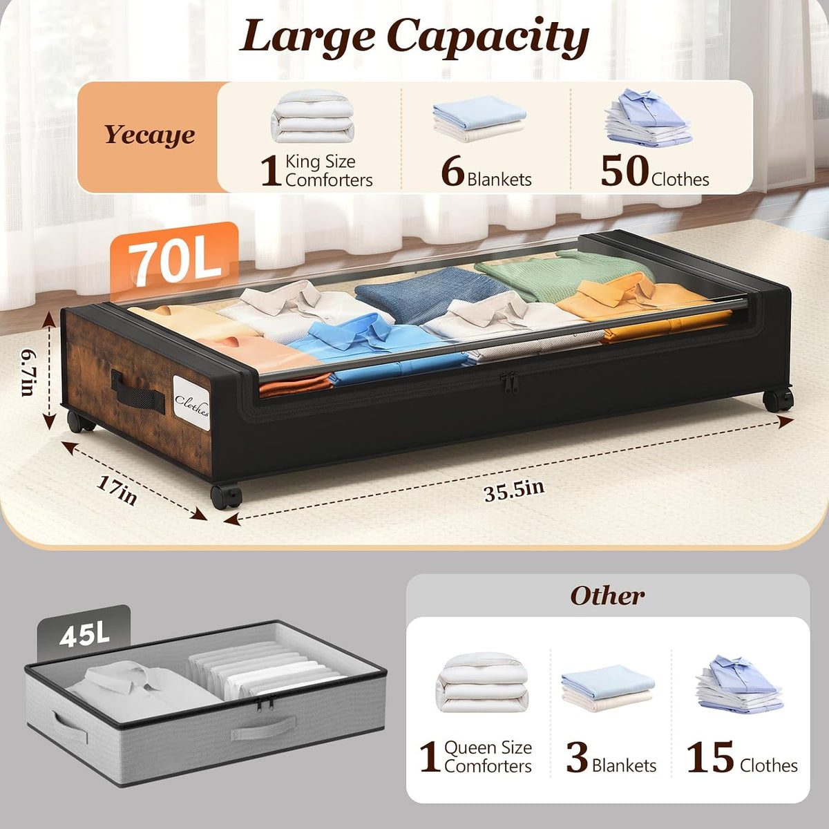Yecaye Almacenamiento debajo de la cama con ruedas, paquete de 2 ca...
