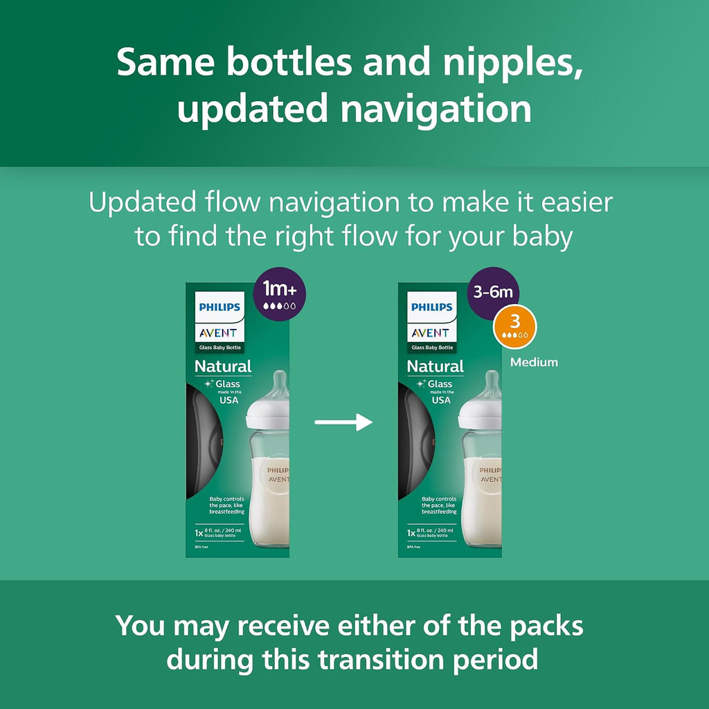 Philips Avent Biberón de vidrio natural, flujo medio, 8 onzas, sin...