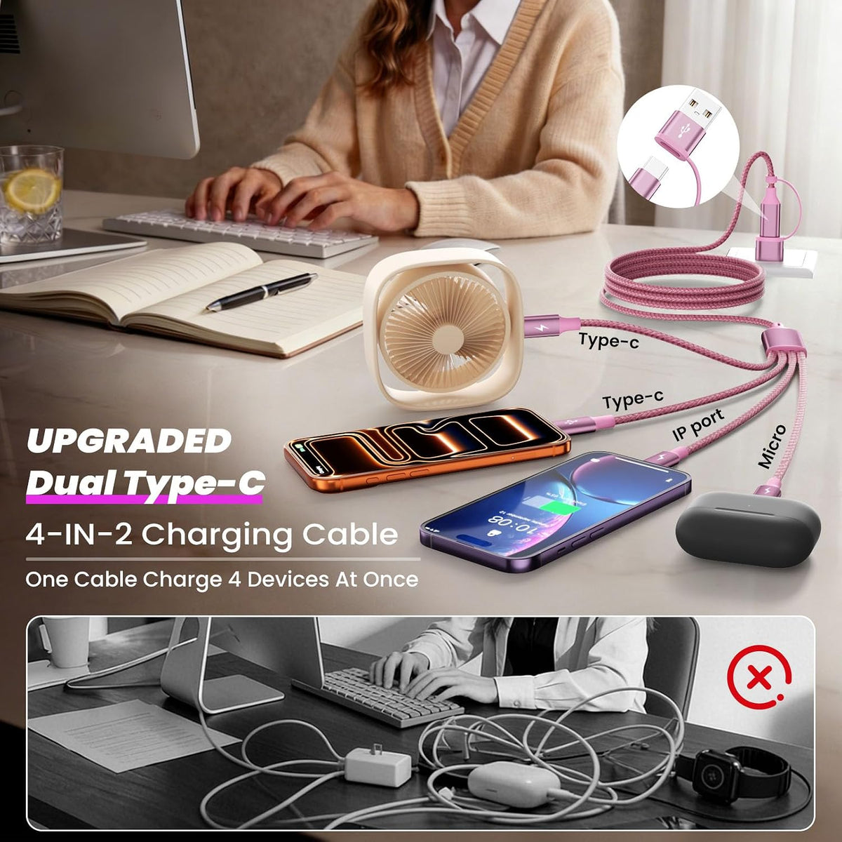 Cable de carga múltiple 4 en 2, cables de carga USBA\/C para múltip...