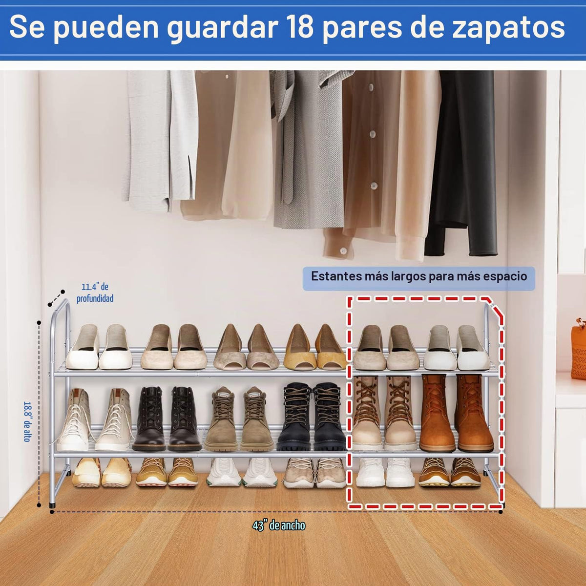 KEETDY - Estante para zapatos de 2 niveles largo para clóset, organ...