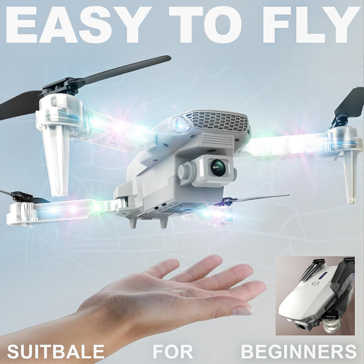 BEZGAR Drone con luces LED para adultos y niños principiantes, blan...