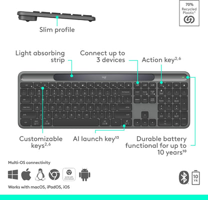 Logitech Signature Slim Solar+ K980 teclado inalámbrico Bluetooth,...