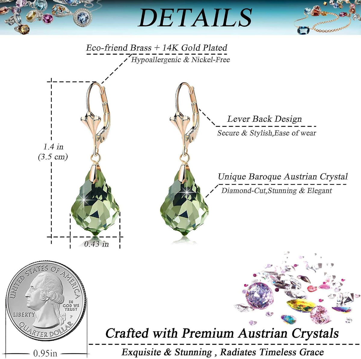 Aretes de cristal austriaco barroco con cierre de palanca para muje...