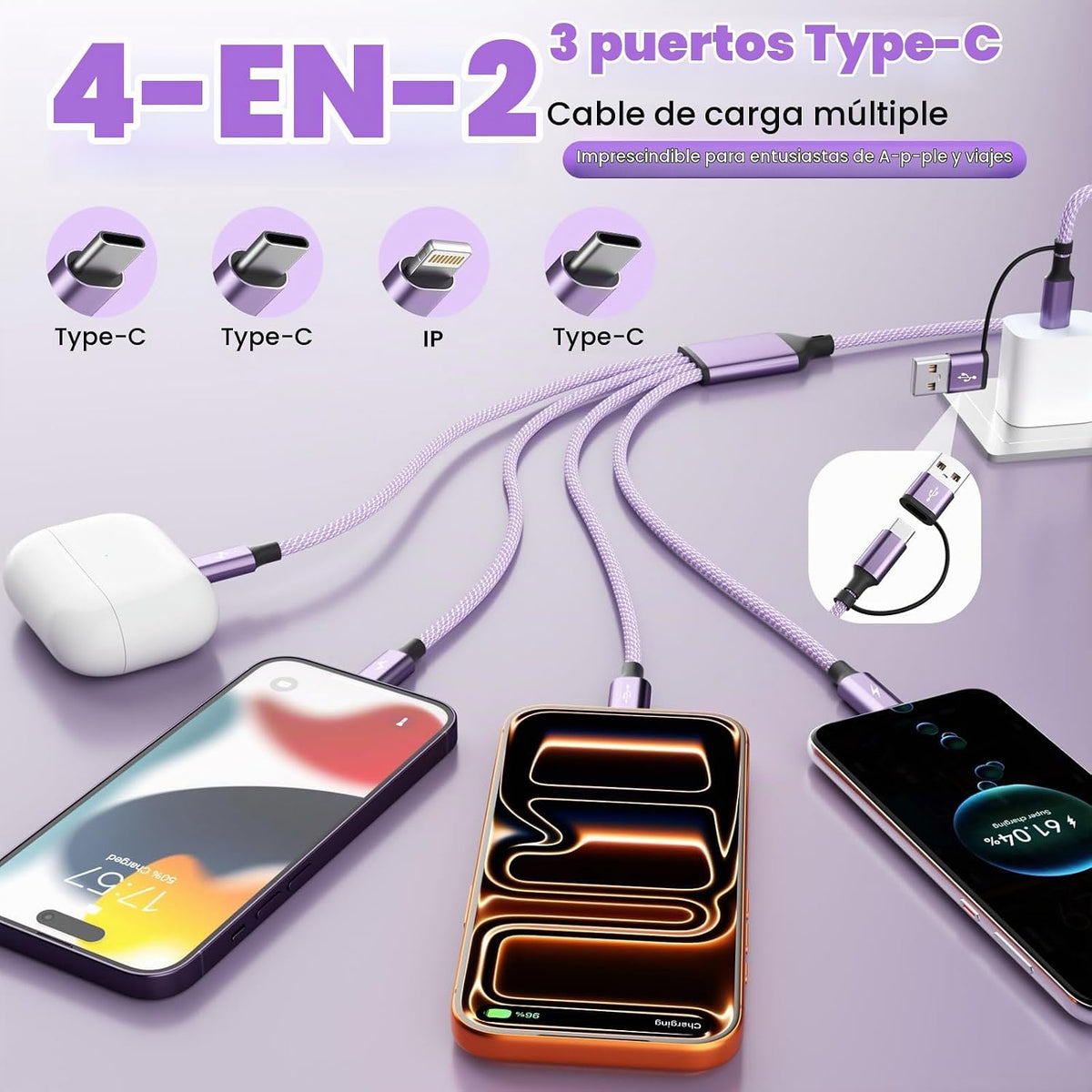 Cable de carga múltiple 4 en 2 con 3 puertos tipo C + 1IP, divisor...