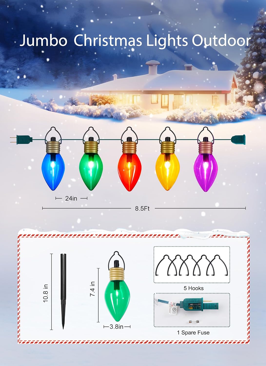 Brightown Jumbo C9 - Luces de sendero de Navidad para exteriores, 8...
