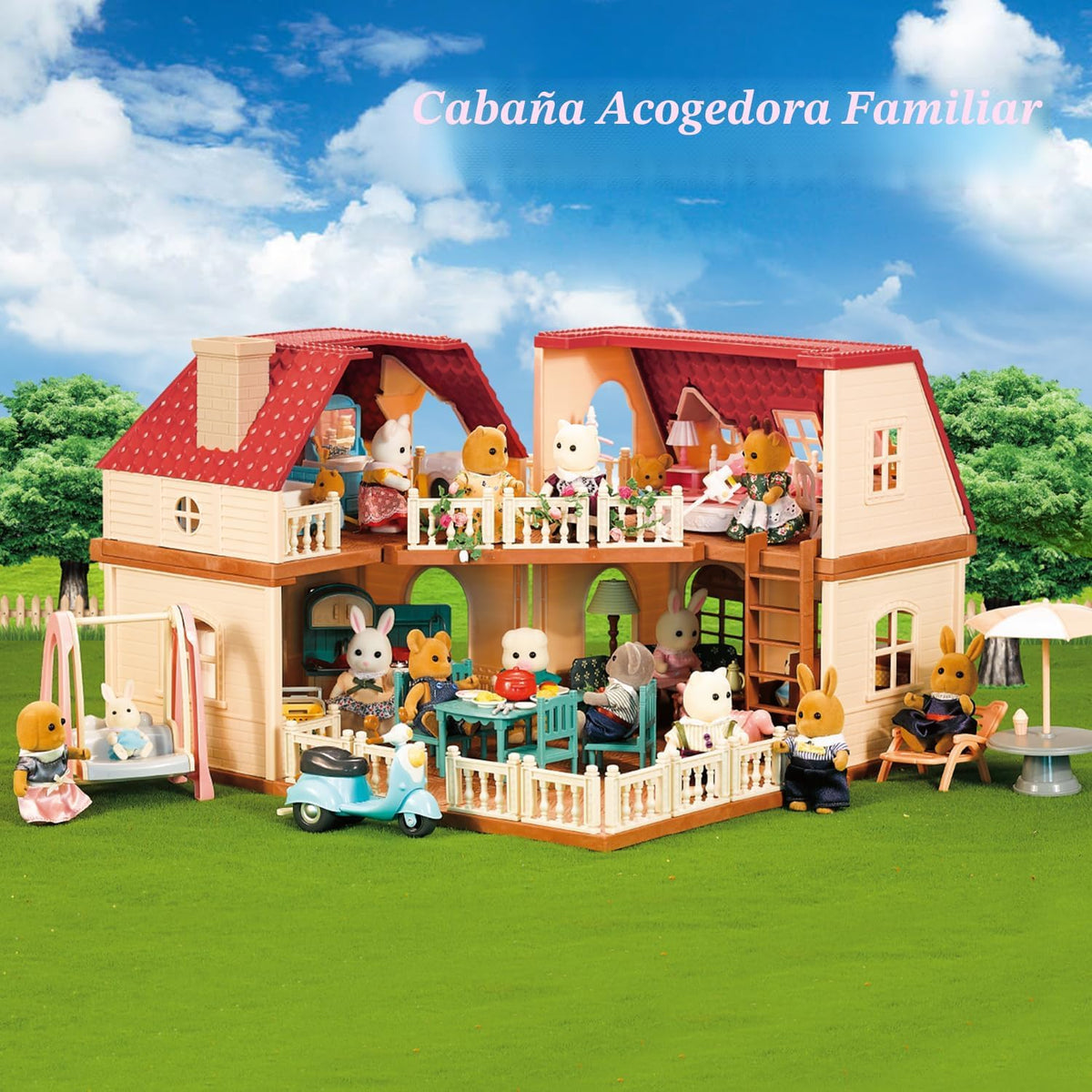 Set de casa de muñecas familiar Cozy Cabin, muebles y accesorios pa...