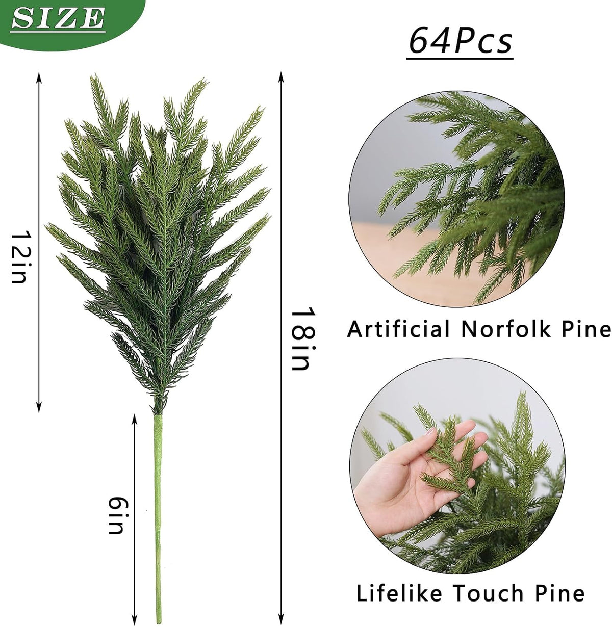 64 ramas de pino Norfolk de Navidad artificiales de 18 pulgadas par...