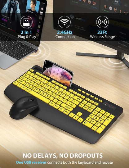 Combo de teclado y mouse inalámbricos: teclado ergonómico de impres...