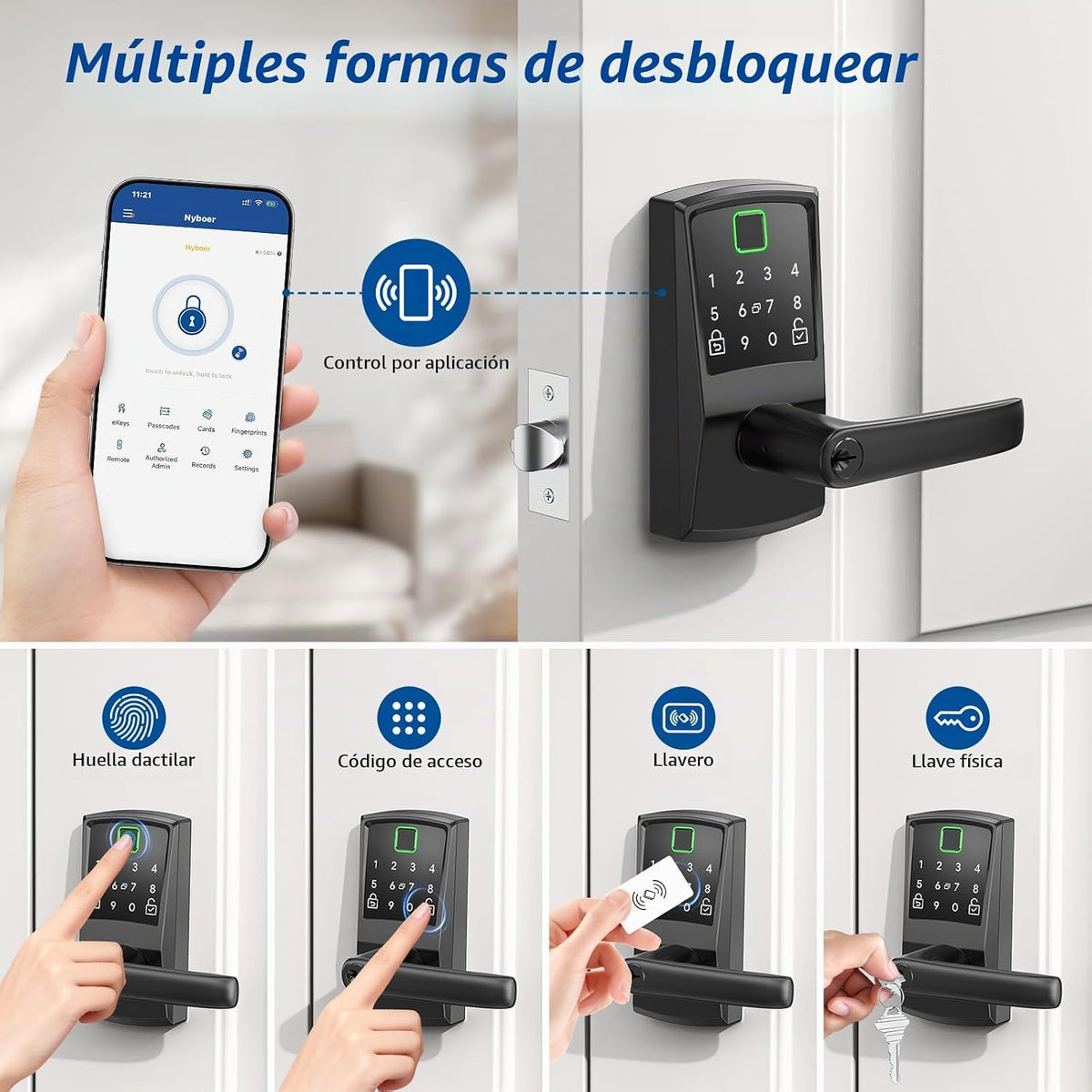 Nyboer - Cerradura de puerta inteligente con teclado con asa, cerra...