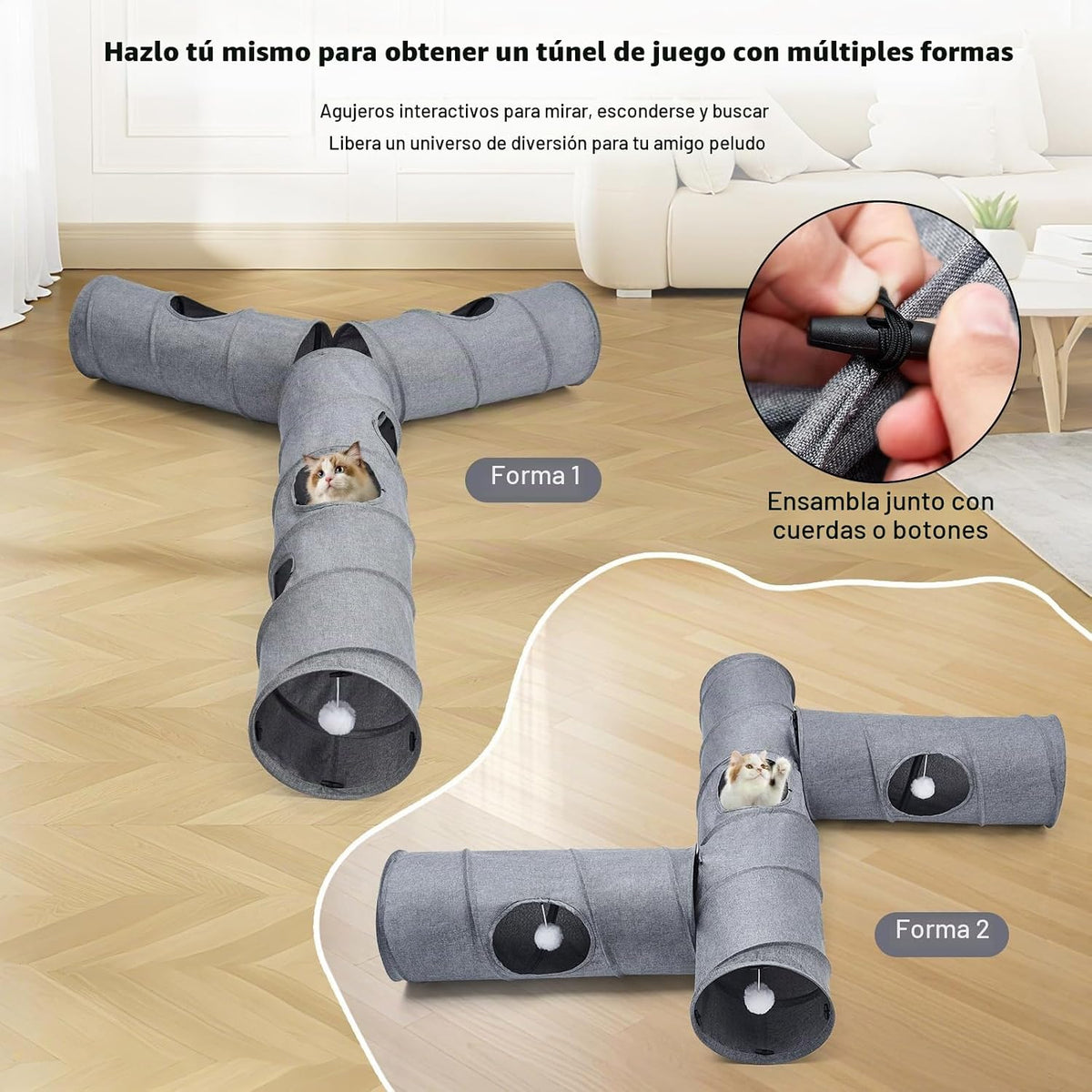 Túnel para gatos, 3 túneles de forma recta, 6 formas de bricolaje c...