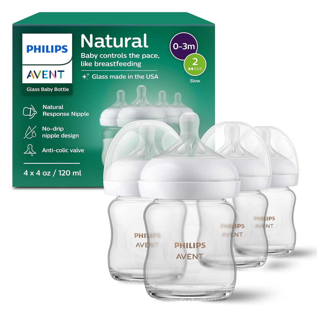 Philips Avent Biberones de vidrio natural, flujo lento, 4 onzas, si...
