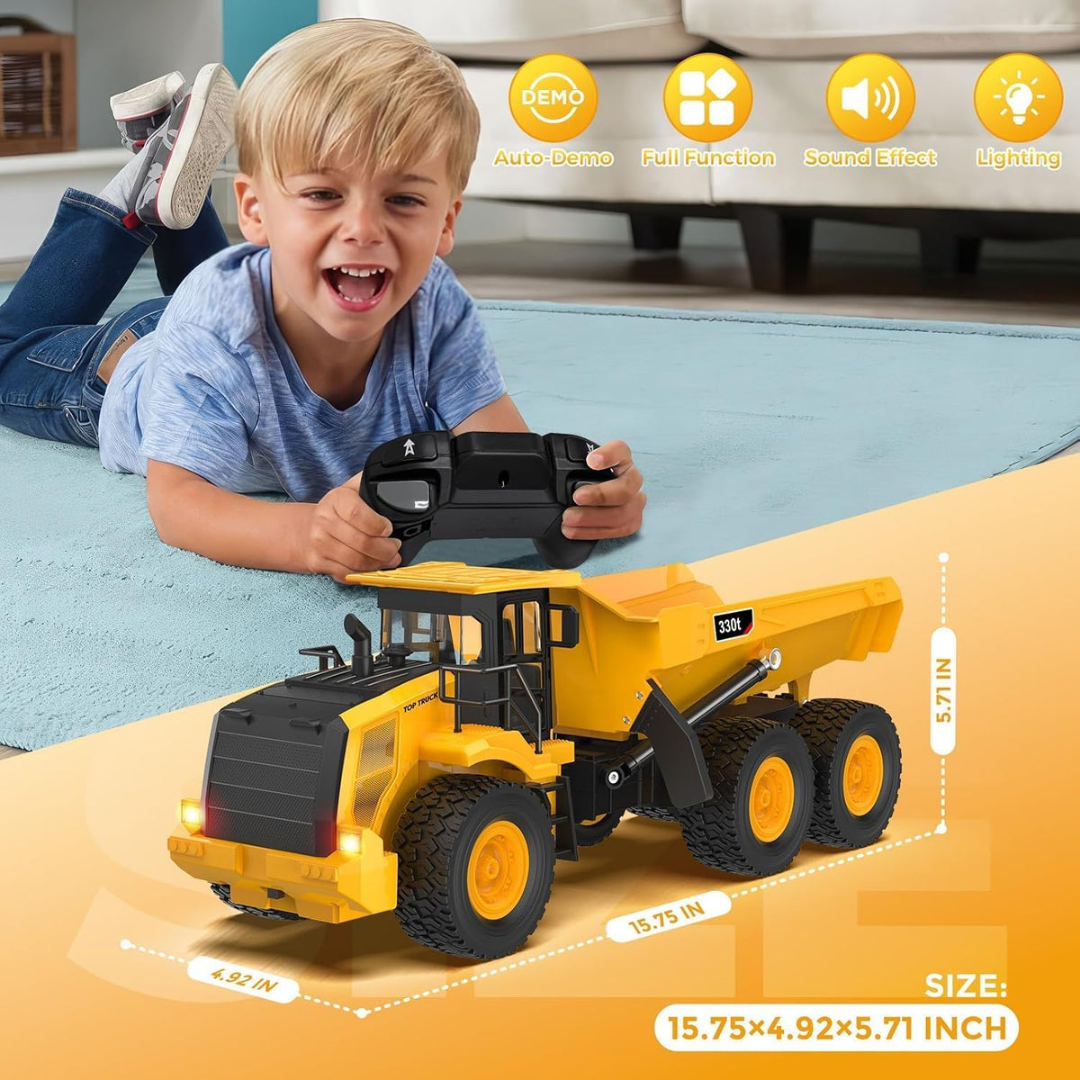KIDDITOY Camión volquete RC de 15.4 pulgadas para niños, vehículo d...