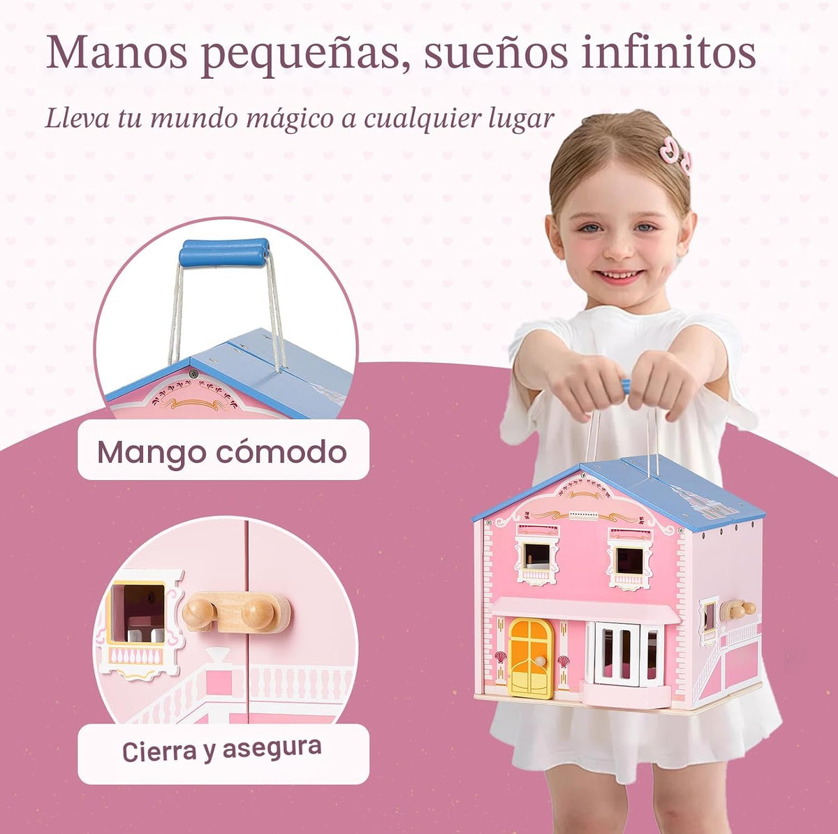 Exquisita casa de muñecas de madera rosa para niñas con muñecas y m...