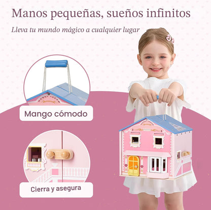 Exquisita casa de muñecas de madera rosa para niñas con muñecas y m...