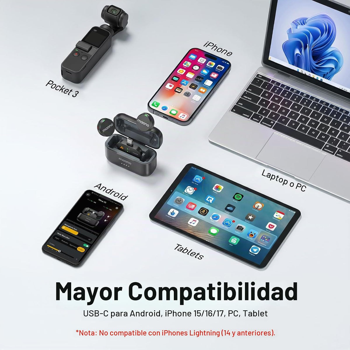 Micrófono Lavalier inalámbrico MAONO Wave T5 para teléfono Android...
