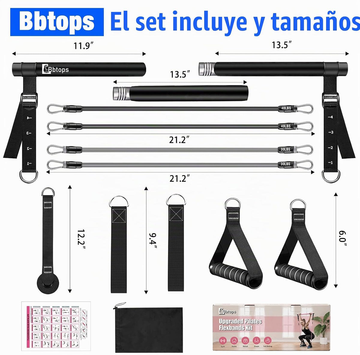 Kit de barra de pilates Bbtops con bandas de resistencia, barra de...