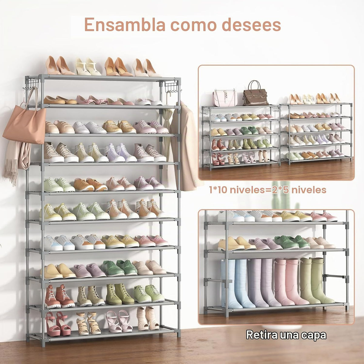 LANTEFUL Zapatero de 10 niveles, 50 pares, organizador de zapatos a...