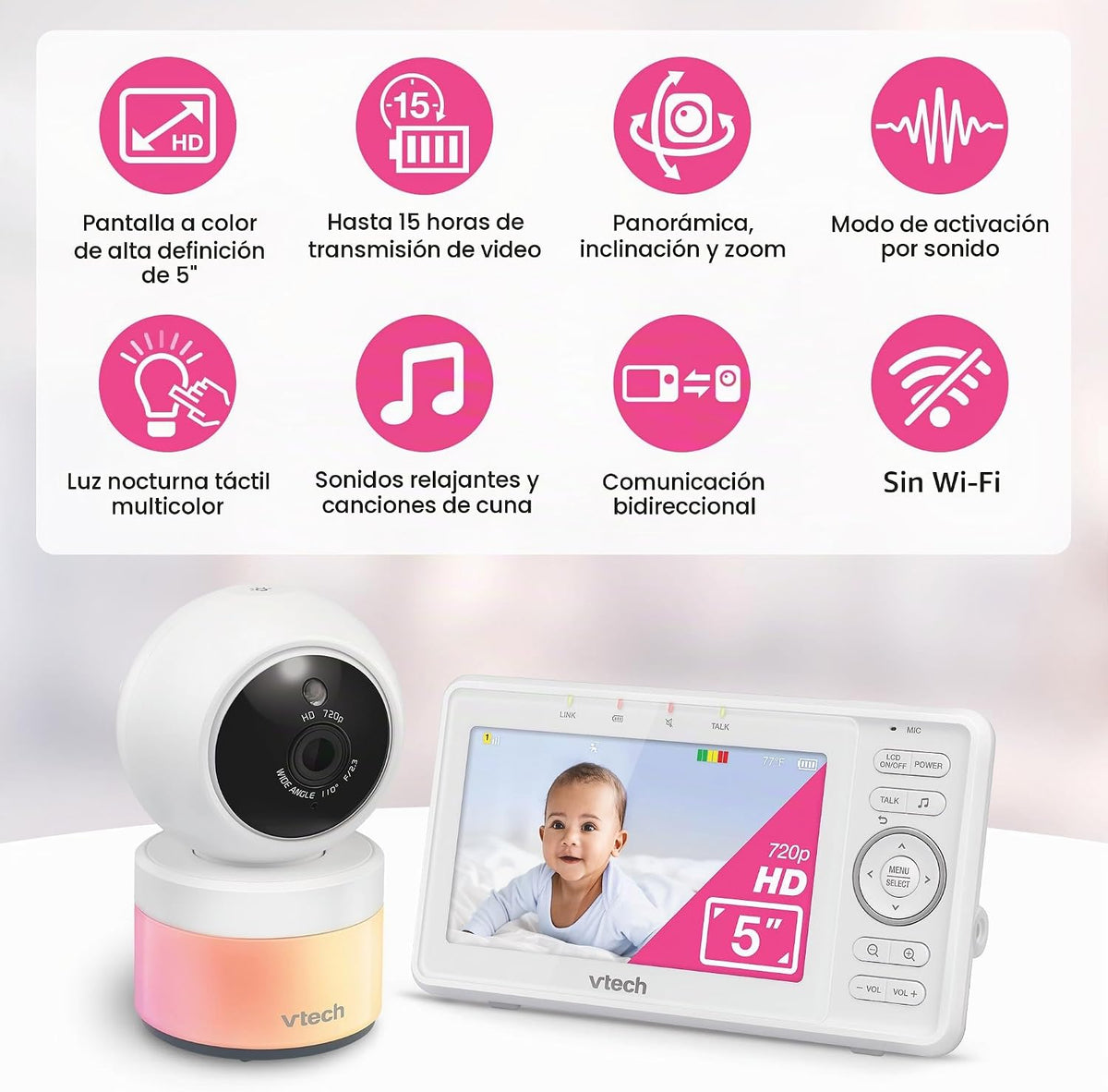 VTech Vigilabebés con vídeo VM5263, LCD HD de 5", Pan-Tilt-Zoom, Bl...