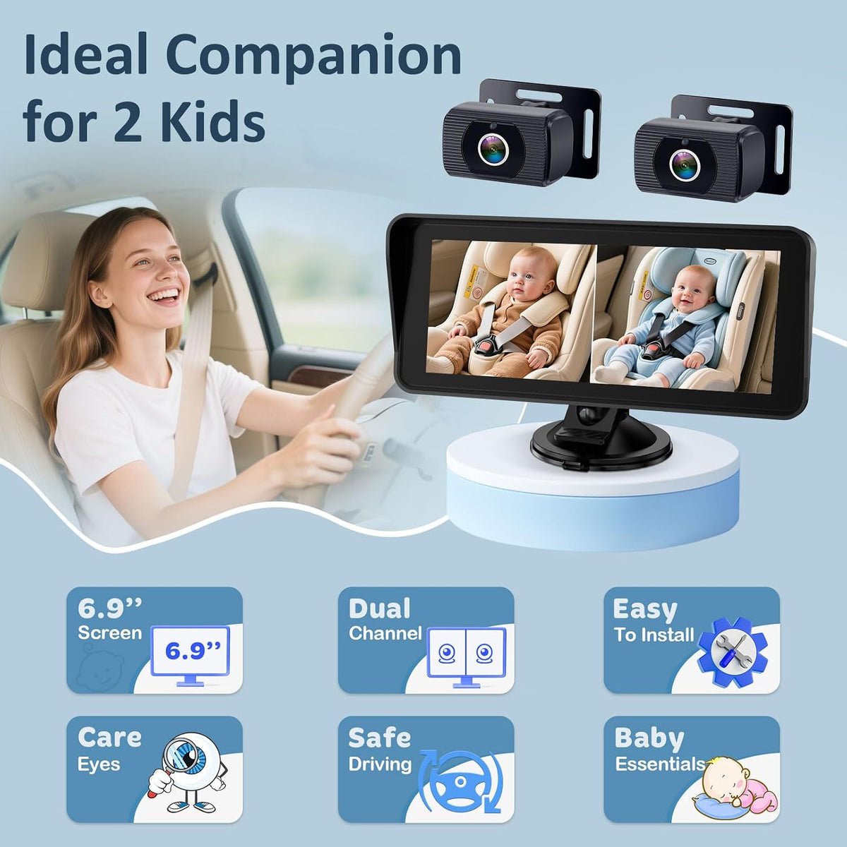 Cámara para coche de bebé para 2 niños para asiento: pantalla ultra...