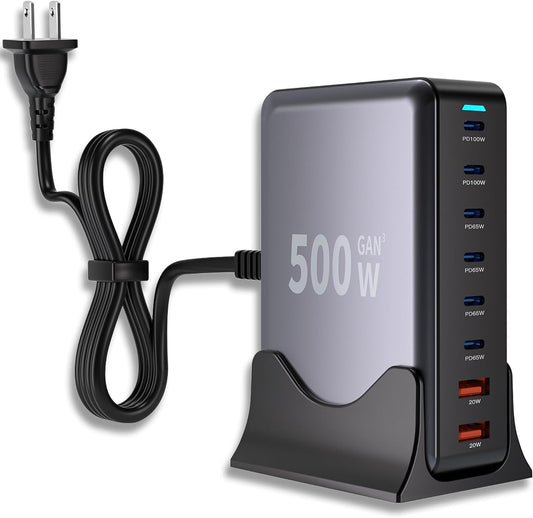 Estación de carga USB C GaN de 500 W, bloque de carga rápida de 8 p...