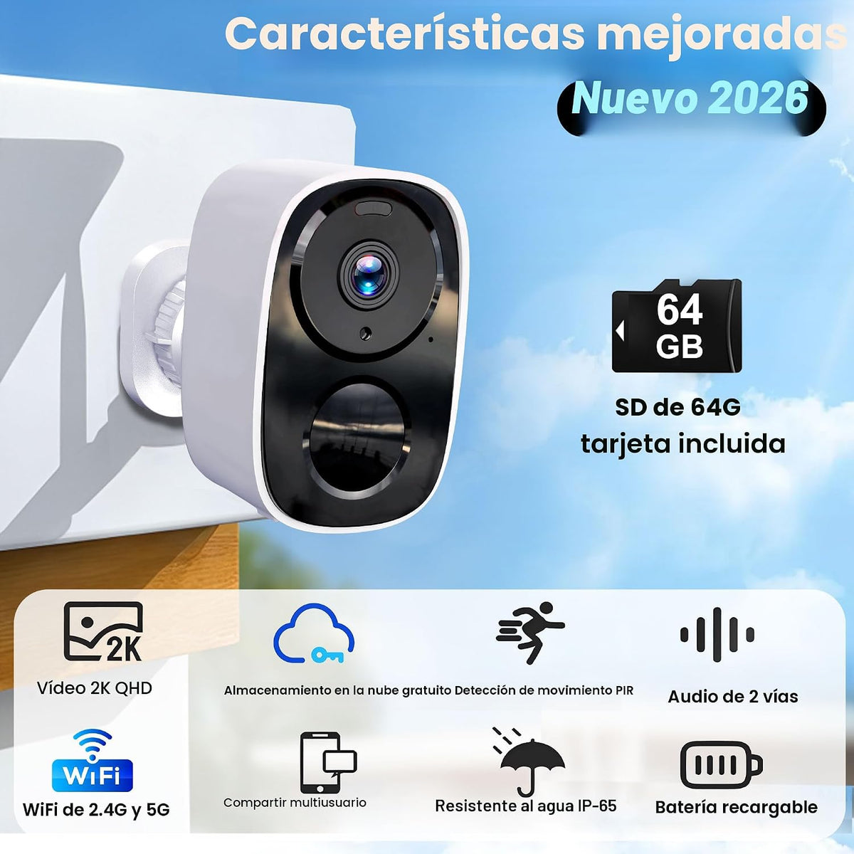 Cámara de seguridad inalámbrica 2K mejorada 2026 con tarjeta SD de...