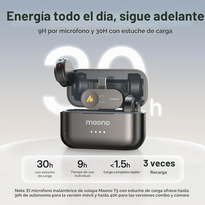 Micrófono Lavalier inalámbrico MAONO Wave T5 para teléfono Android...