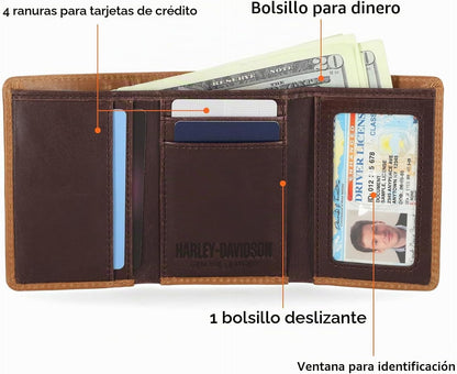 Harley-Davidson Billetera triple con bloqueo RFID de cuero genuino...