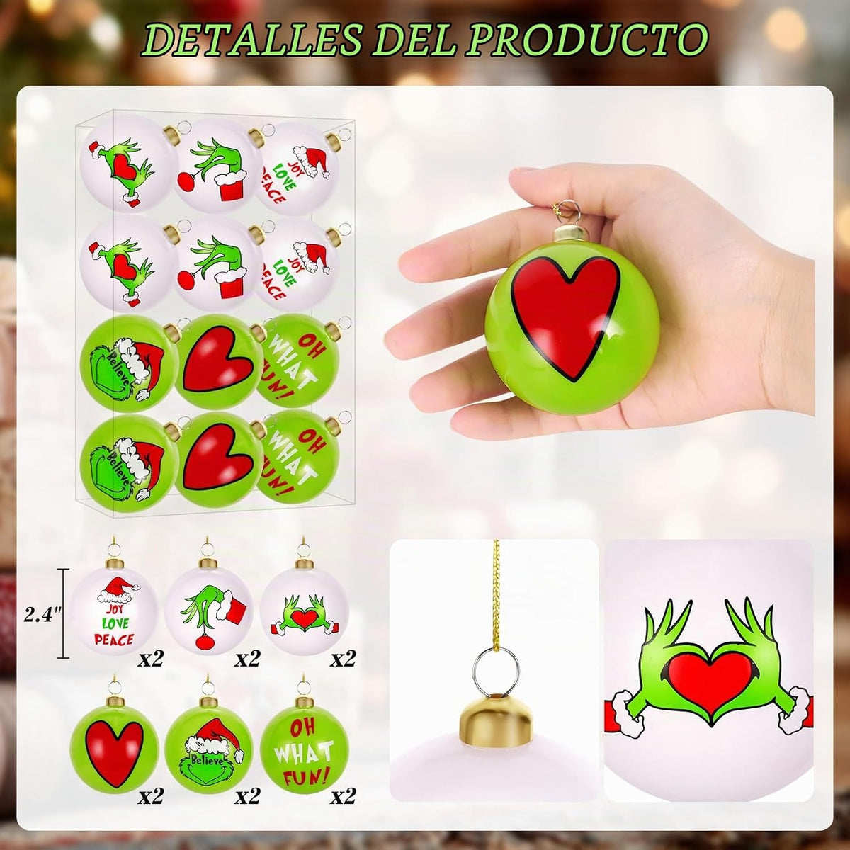Decoraciones navideñas, juego de 12 adornos navideños verdes y blan...