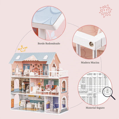 ROBUD Casa de muñecas de madera con muebles azul para niñas 3-6 | D...