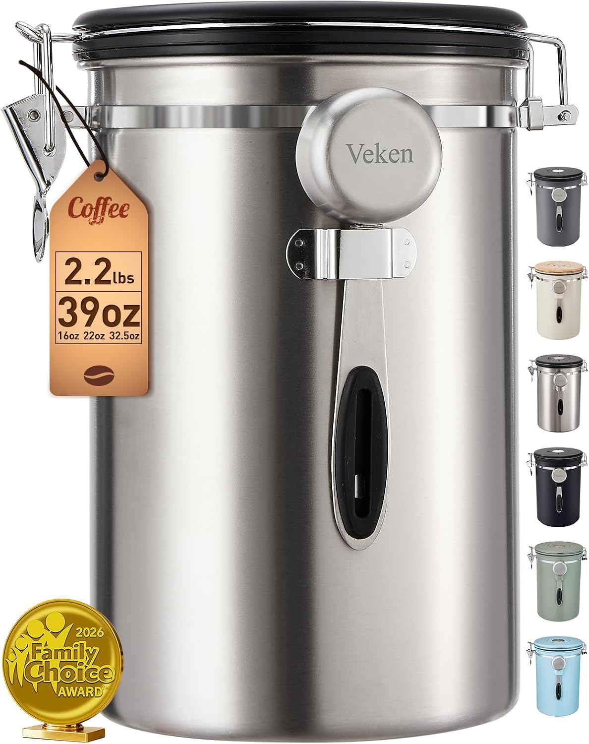 Recipiente de café Veken, 39 oz, 2,2 libras, recipiente hermético g...