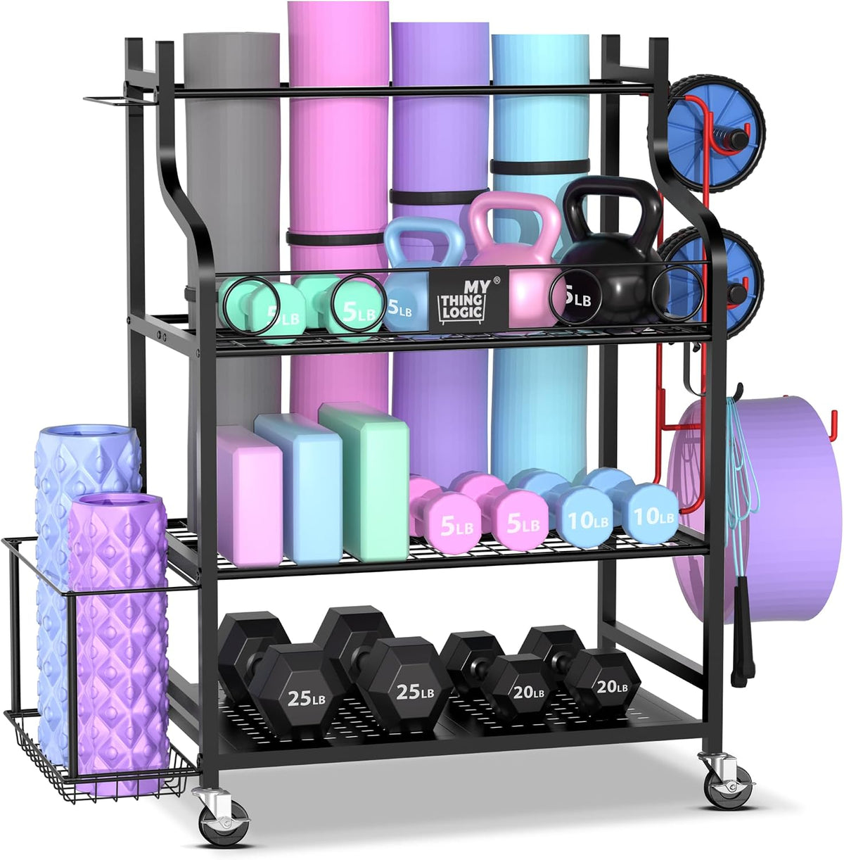 Mythinglogic Estante de gimnasio en casa para mancuernas, esterilla...