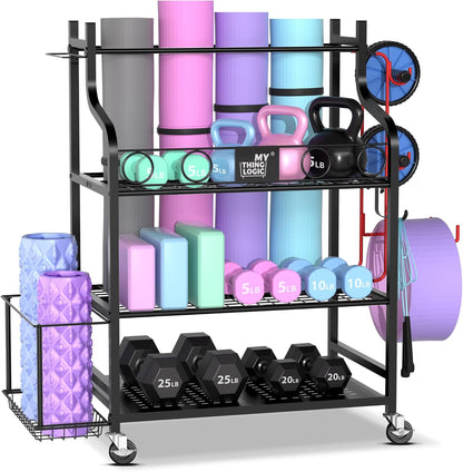 Mythinglogic Estante de gimnasio en casa para mancuernas, esterilla...