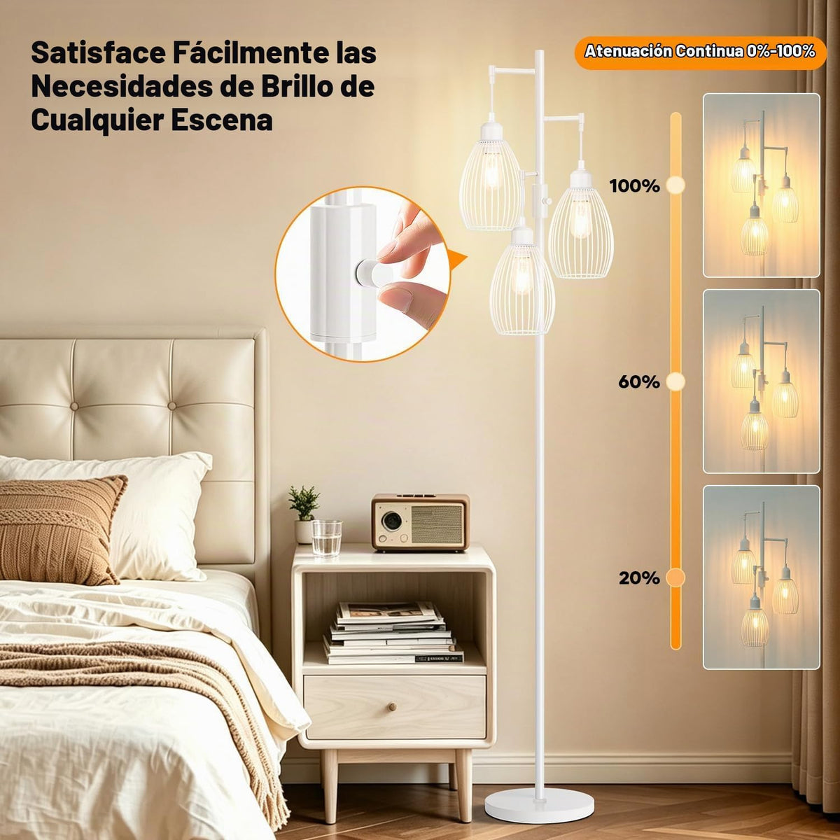 Lámpara de pie regulable, 3 bombillas LED Edison de 800LM incluidas...
