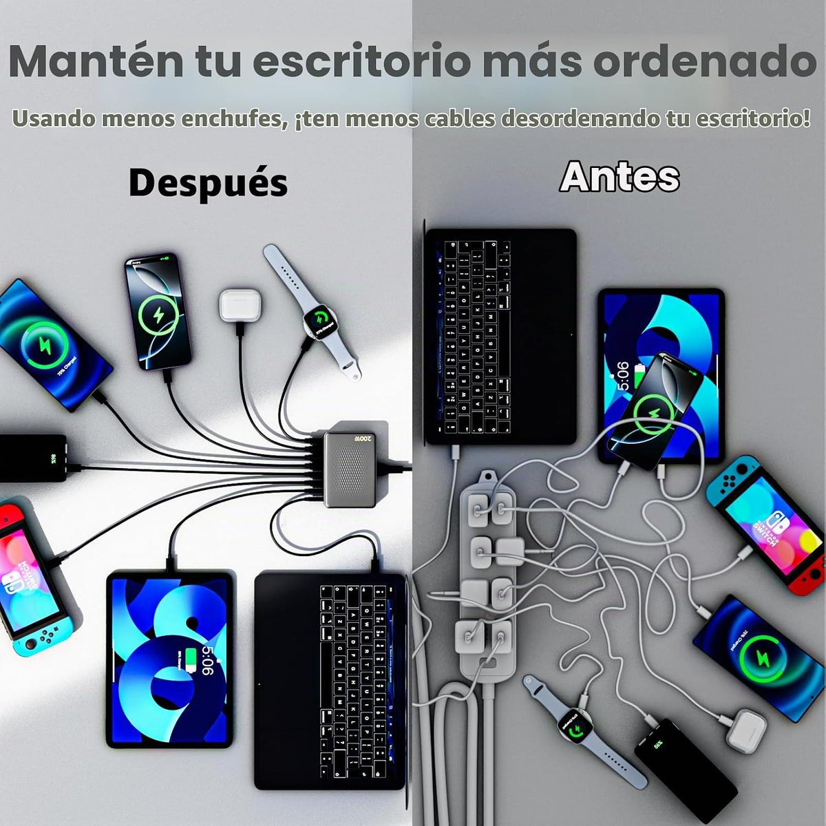 Bloque de cargador USB C, 200 W, GaN 8 puertos, estación de carga U...