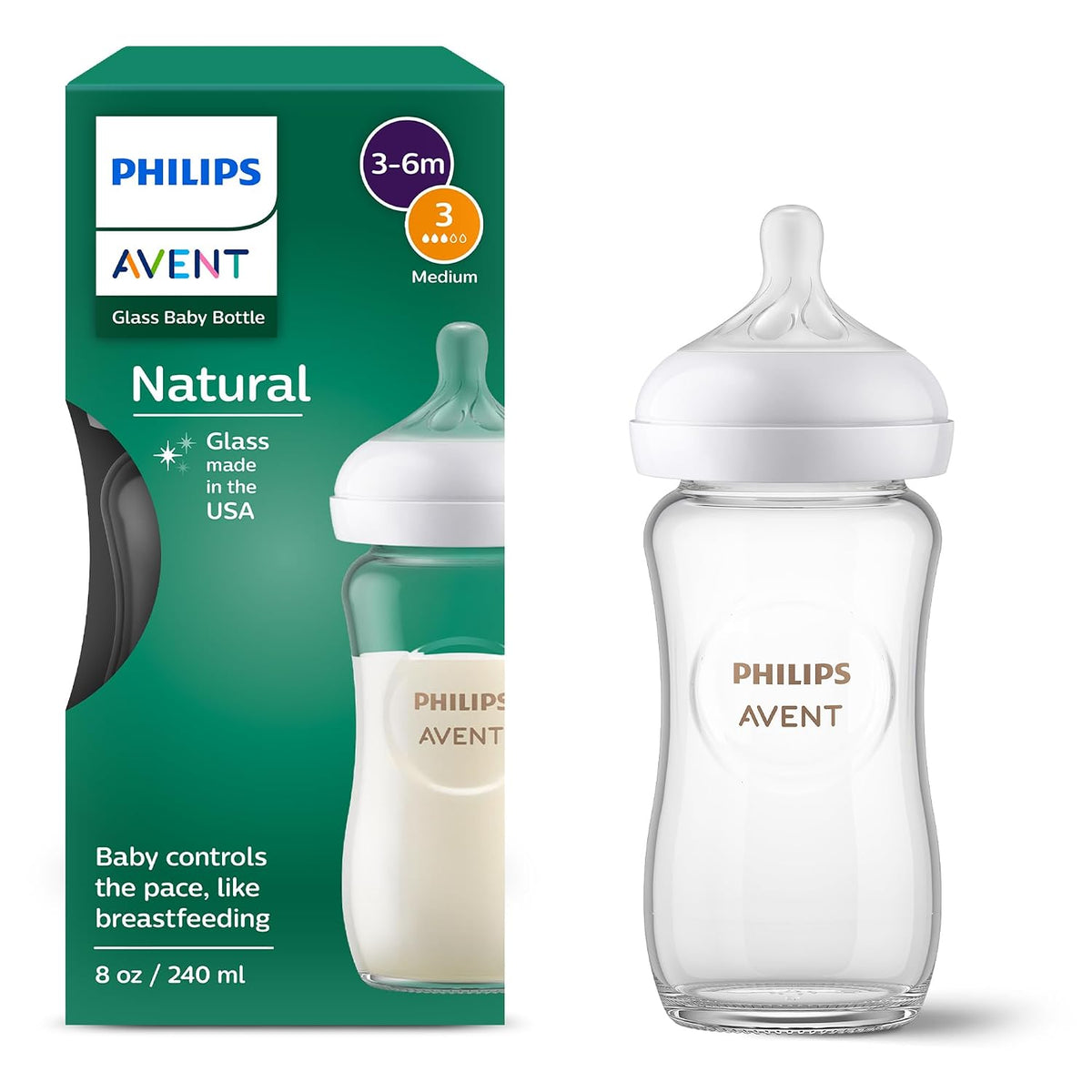 Philips Avent Biberón de vidrio natural, flujo medio, 8 onzas, sin...