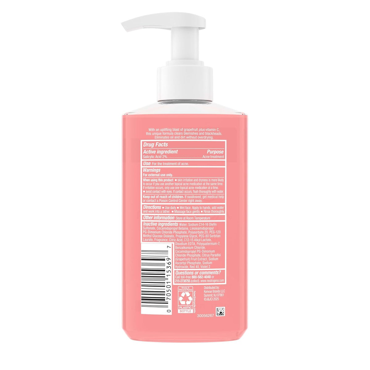 Neutrogena Limpiador facial de pomelo rosa sin aceite, con ácido sa...